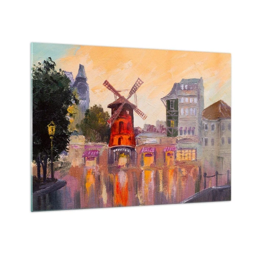 Schilderen op glas - De rode molen van de Moulin Rouge tussen de Parijse huurkazernes - 70x50cm - Parijse iconen – Moulin Rouge - Moderne wanddecoratie voor woonkamer en slaapkamer ARTTOR