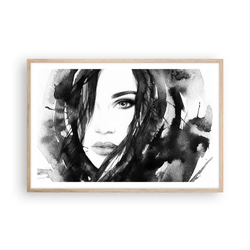 Een poster in een licht eiken lijst - Portret van een dame in zwart en wit - 91x61 cm