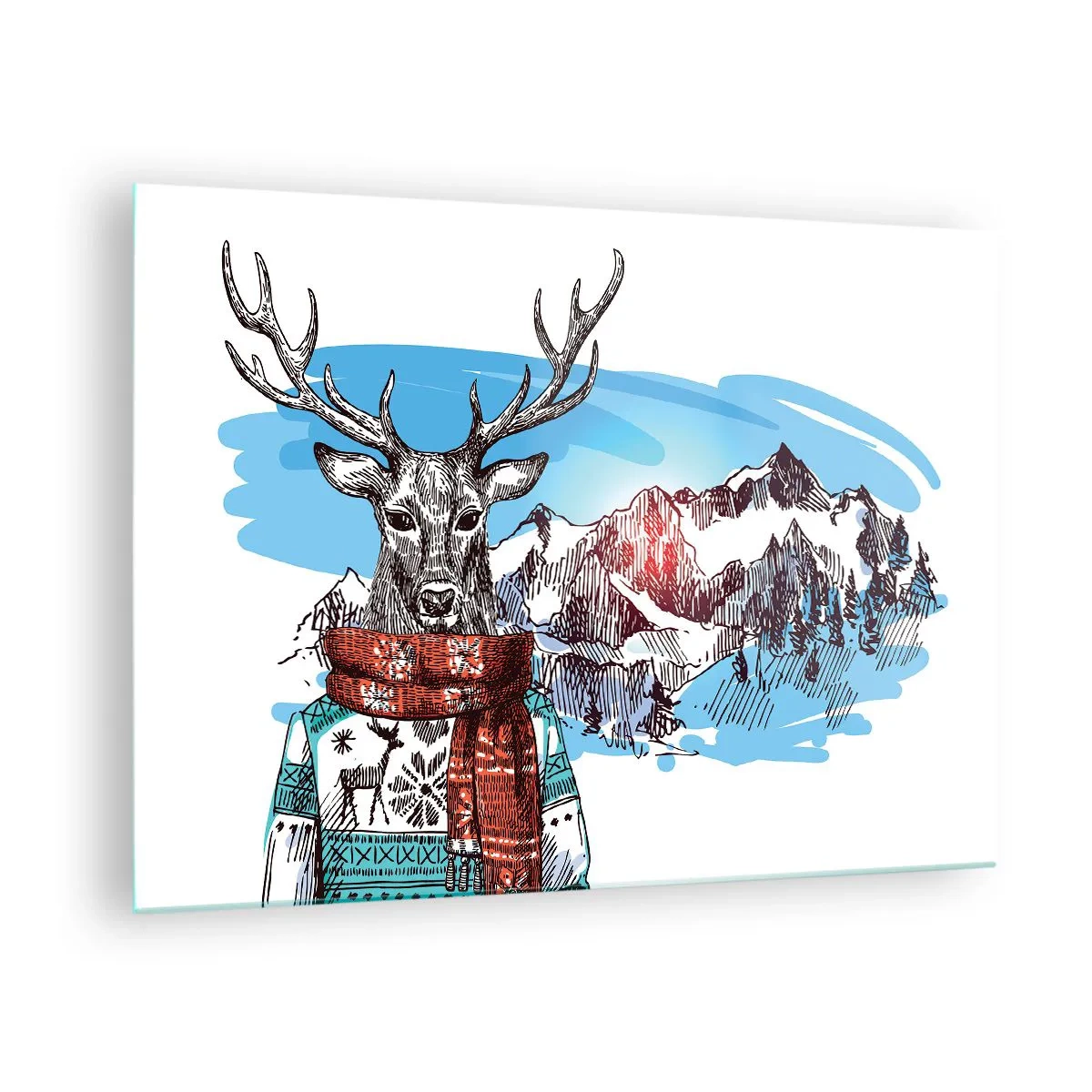 Schilderen op glas - Een hert in een trui en sjaal tegen een berglandschap - 70x50cm - Zelfs een hert bevriest niet - Moderne wanddecoratie voor woonkamer en slaapkamer ARTTOR