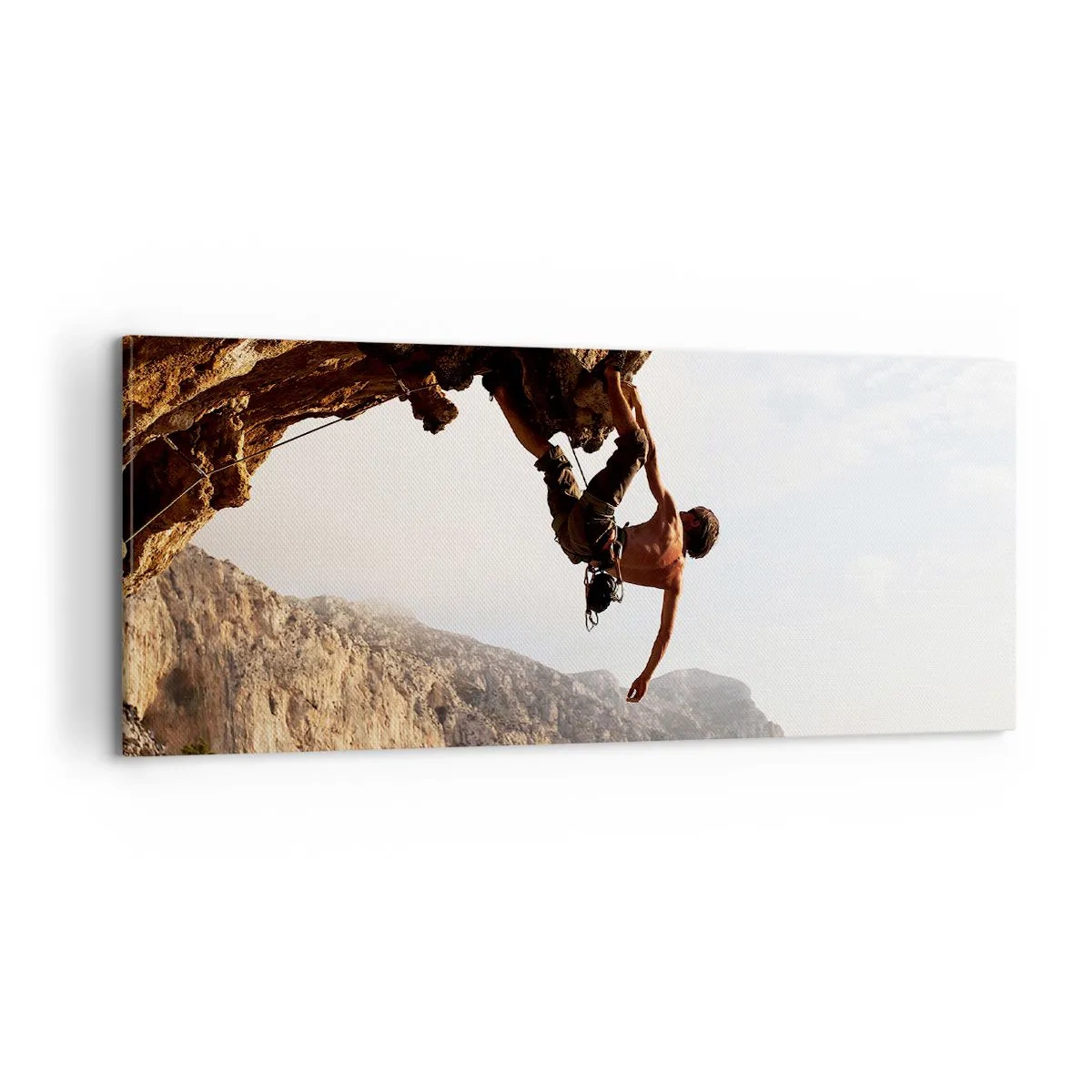 Schilderen op canvas - De wereld gekrompen in een hand op een rotsblok - 100x40 cm