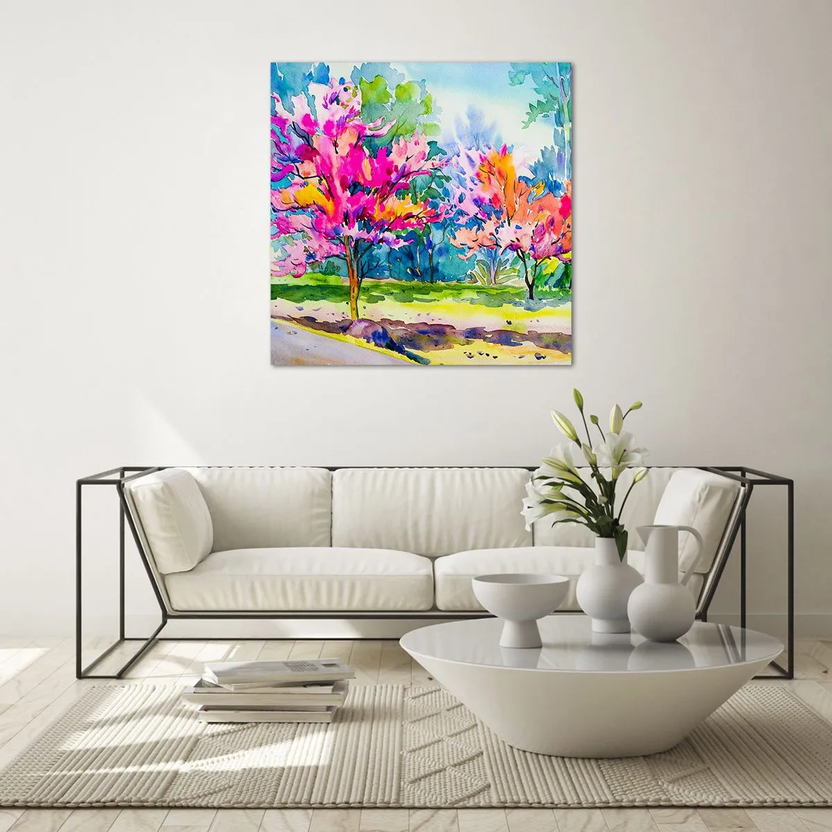 Schilderen op glas - Regenboogtuin in het lentelicht - 70x70 cm