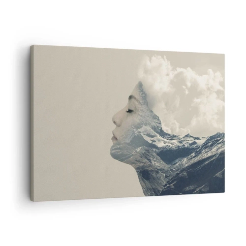 Schilderen op canvas - Silhouet van een vrouw met een berglandschap op de achtergrond - 70x50cm - De schoonheid van de elementen - Moderne wanddecoratie voor woonkamer en slaapkamer ARTTOR
