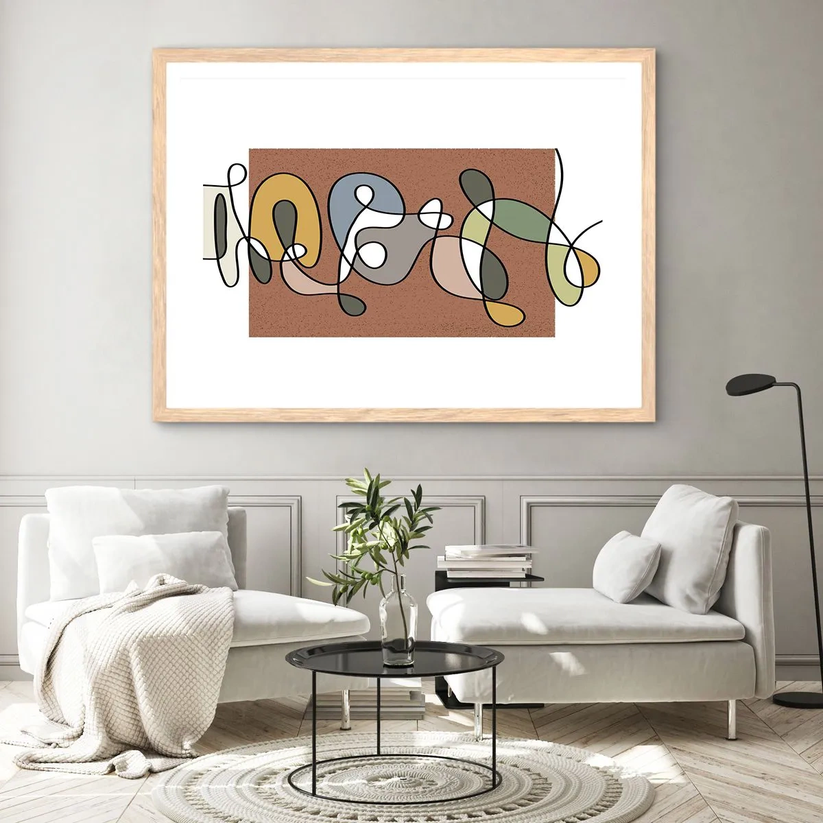 Een poster in een licht eiken lijst - Abstractie die het glimlachen waard is - 100x70 cm
