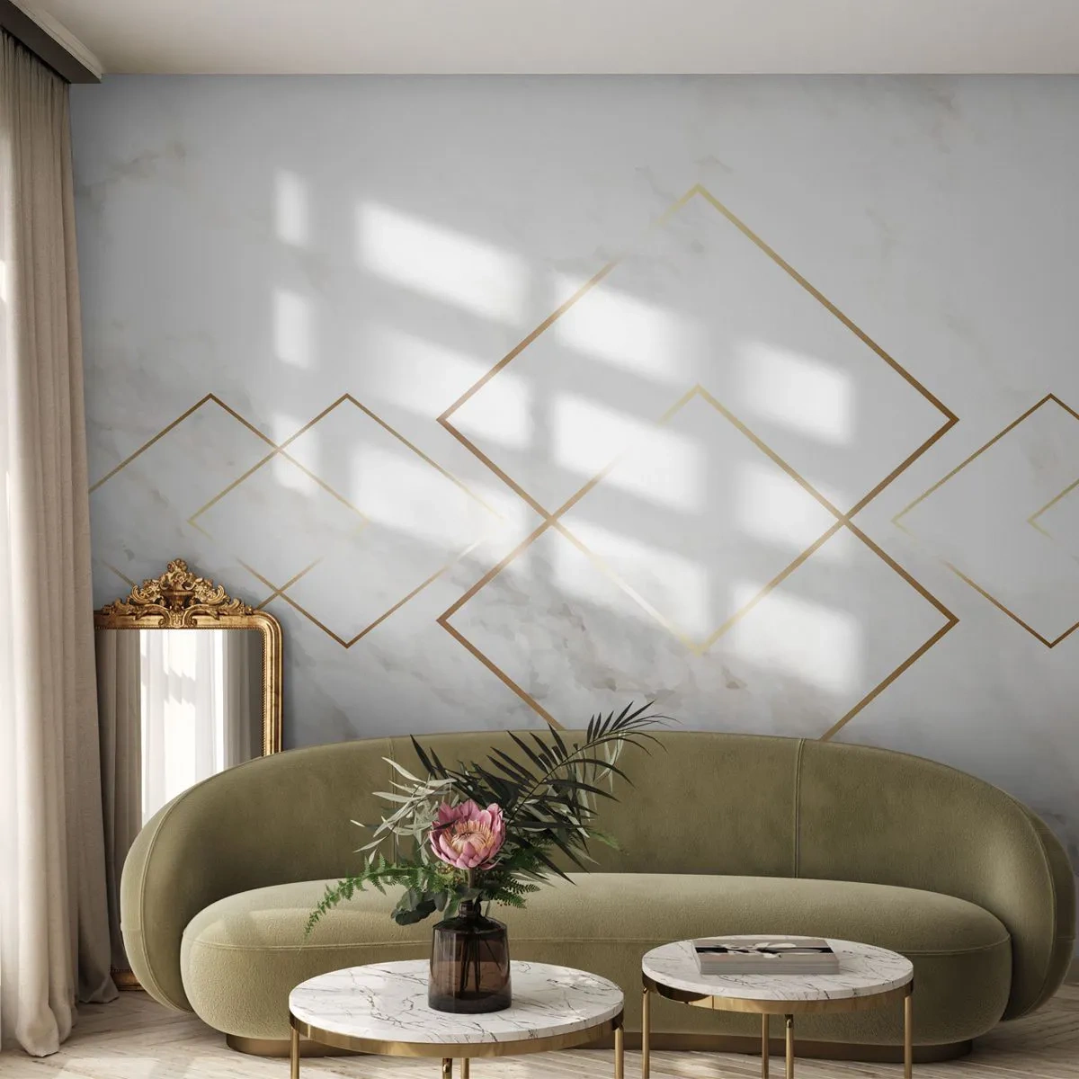 Fotobehang Standard Eco - Witte marmeren achtergrond met gouden geometrische patronen - 100x70cm - Een uitzicht tot in het oneindige - Moderne wanddecoratie voor woonkamer en slaapkamer ARTTOR