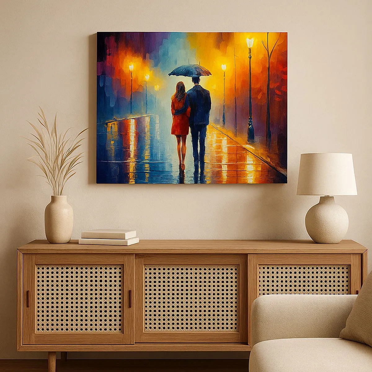 Schilderen op canvas - Een stel onder een paraplu dat door een kleurrijke nachtstad loopt - 70x50cm - Samen – een kleurrijke nacht - Moderne wanddecoratie voor woonkamer en slaapkamer ARTTOR