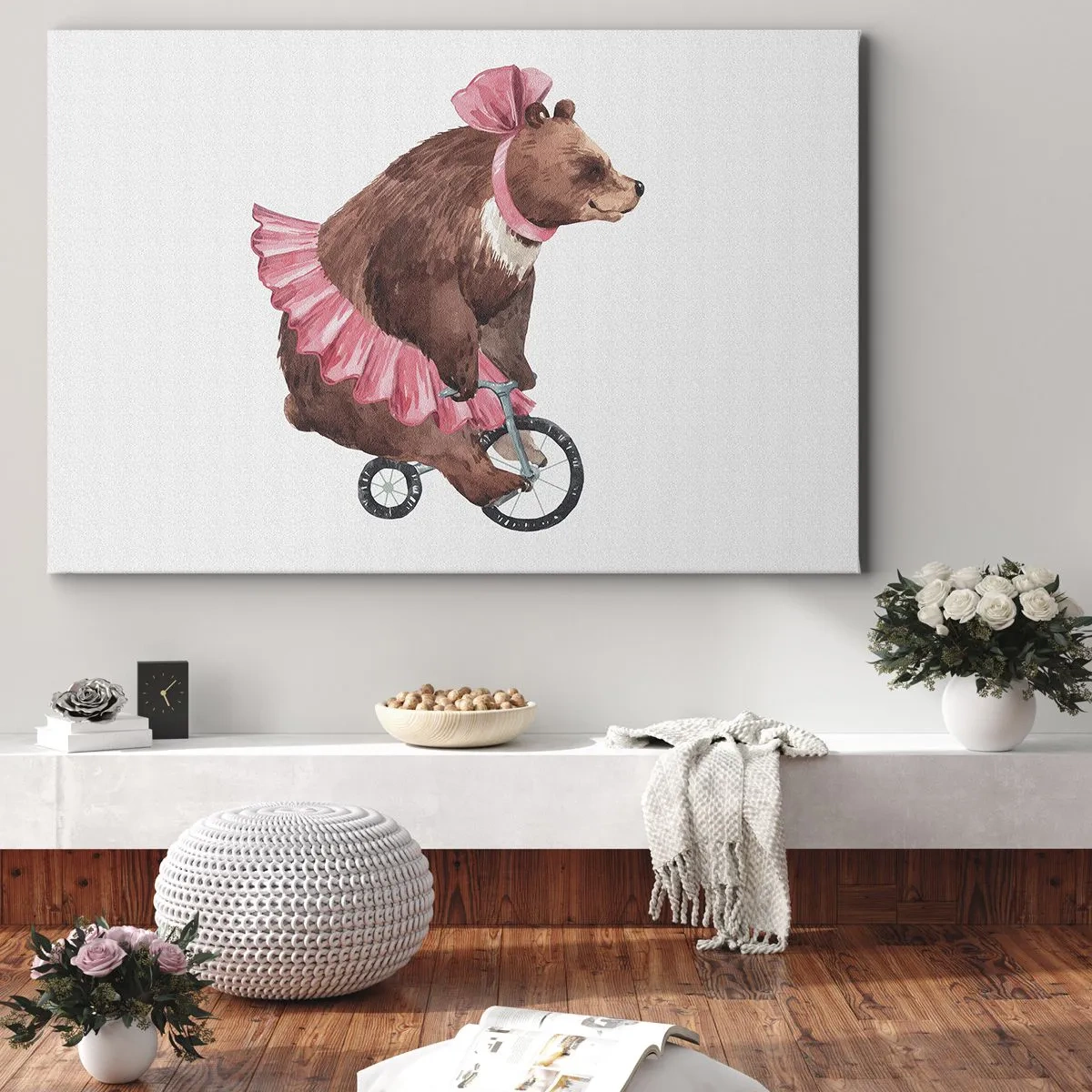 Schilderen op canvas - Een teddybeer in een roze rok op een retrofiets - 70x50cm - Wat een circus! - Moderne wanddecoratie voor woonkamer en slaapkamer ARTTOR