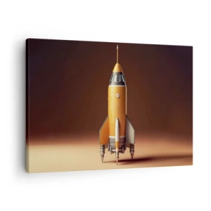 Schilderen op canvas - Een raket in retrostijl tegen een achtergrond van bruine tinten - 70x50cm - Het begint met een droom - Moderne wanddecoratie voor woonkamer en slaapkamer ARTTOR