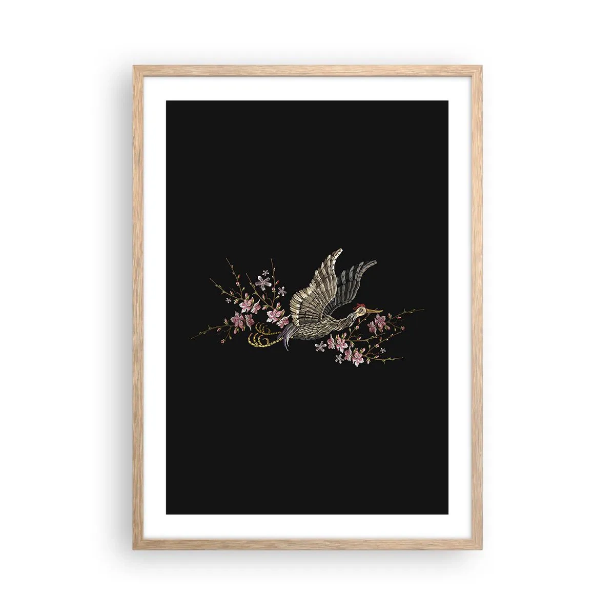 Een poster in een licht eiken lijst - Exotische geborduurde vogel - 50x70 cm