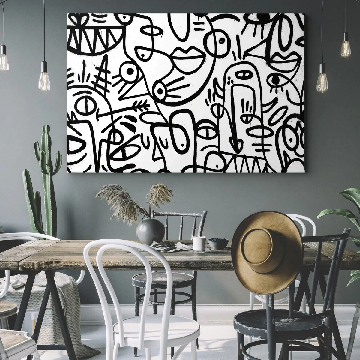 Schilderen op canvas - Zwart-wit abstracte tekeningen met gezichtsmotieven - 70x50cm - Gezichten en luchtspiegelingen - Moderne wanddecoratie voor woonkamer en slaapkamer ARTTOR