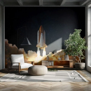 Fotobehang Standard Eco - Lancering van de Space Shuttle tegen een sterrenachtergrond - 100x70cm - Advertentie astra! - Moderne wanddecoratie voor woonkamer en slaapkamer ARTTOR