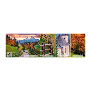 Fotobehang Staaltje Standard Eco - Landschap zoals geschilderd - Berglandschap, Pad, Kerk - 100x30 cm