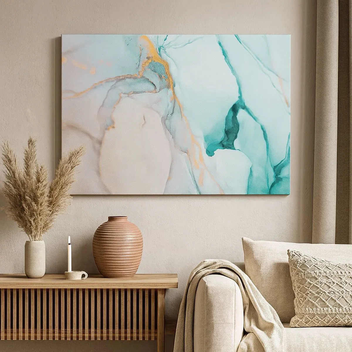 Schilderen op canvas - Een abstracte compositie in tinten turquoise en goud. - 70x50cm - Een dans van vormen en kleuren - Moderne wanddecoratie voor woonkamer en slaapkamer ARTTOR