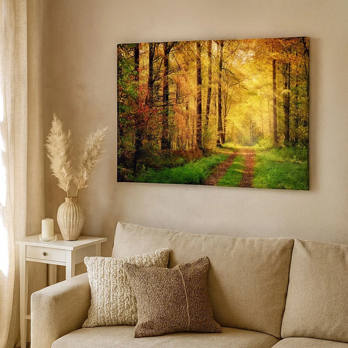 Schilderen op canvas - Een bospad omgeven door gouden en groene bomen - 70x50cm - Bos-gouden stilte - Moderne wanddecoratie voor woonkamer en slaapkamer ARTTOR