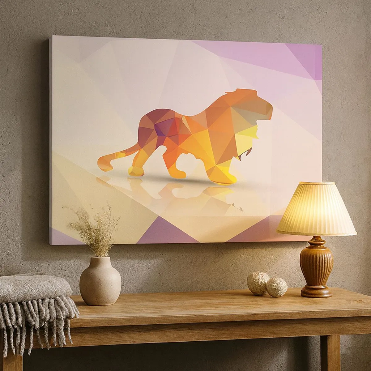 Schilderen op canvas - Geometrisch silhouet van een leeuw in tinten geel en oranje - 70x50cm - De diamanten koning - Moderne wanddecoratie voor woonkamer en slaapkamer ARTTOR