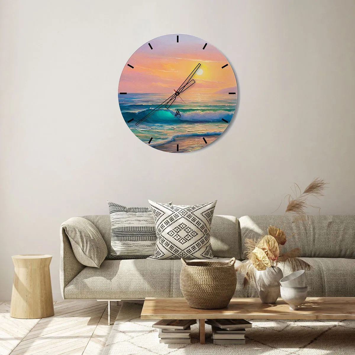 Wandklok - Klok - Een schilderachtige zonsondergang boven een kalme oceaan - 30x30cm - Een turquoise lied van de golven - Moderne wanddecoratie voor woonkamer, keuken en slaapkamer ARTTOR