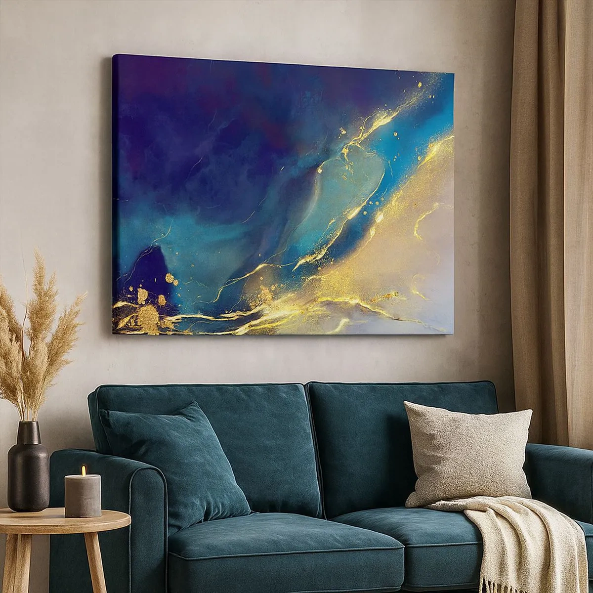 Schilderen op canvas - Abstracte compositie in tinten blauw en goud op canvas - 70x50cm - De gouden poel - Moderne wanddecoratie voor woonkamer en slaapkamer ARTTOR
