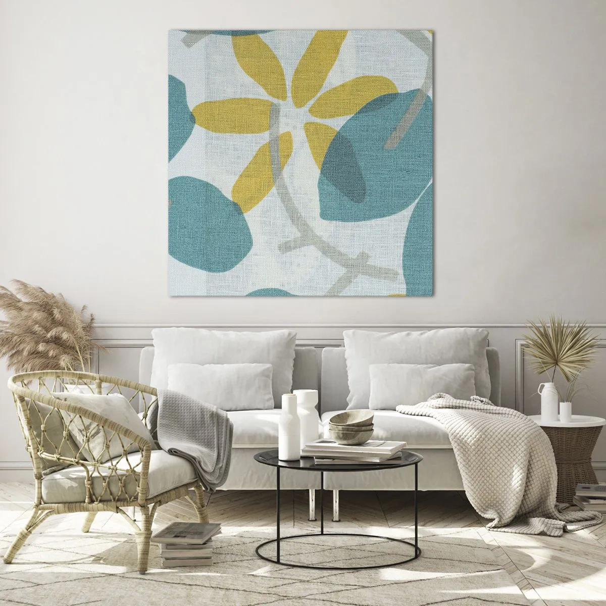 Schilderen op glas - Tussen de azuurblauwe bladeren - 70x70 cm