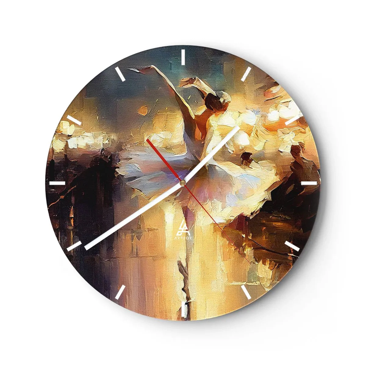 Wandklok - Klok - Een danseres in een witte jurk vastgelegd in dynamische beweging - 30x30cm - Wonder op straat - Moderne wanddecoratie voor woonkamer, keuken en slaapkamer ARTTOR