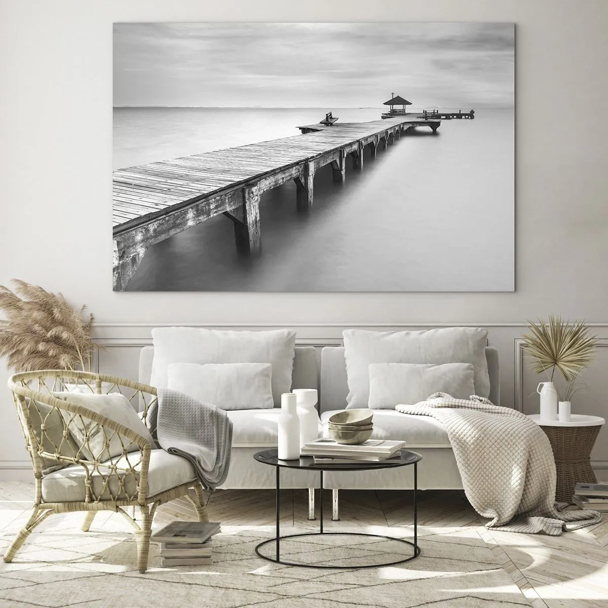 Schilderen op glas - Houten pier in zwart-wit met uitzicht op het meer - 70x50cm - In de verte - Moderne wanddecoratie voor woonkamer en slaapkamer ARTTOR