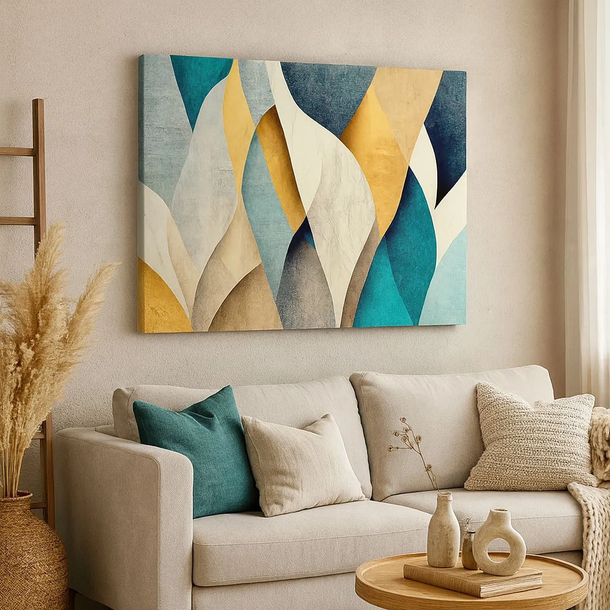 Schilderen op canvas - Abstracte golven in tinten blauw en goud - 70x50cm - Ritme en beweging - Moderne wanddecoratie voor woonkamer en slaapkamer ARTTOR