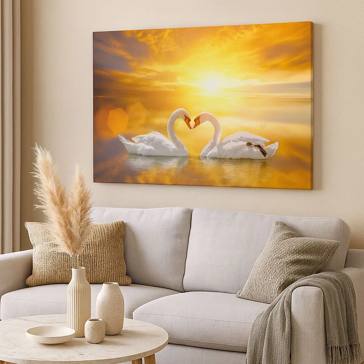 Schilderen op canvas - Een romantisch tafereel van twee zwanen die een hart vormen tegen de achtergrond van een gouden zonsondergang. - 70x50cm - Het hart is het mooiste woord ter wereld... - Moderne wanddecoratie voor woonkamer en slaapkamer ARTTOR