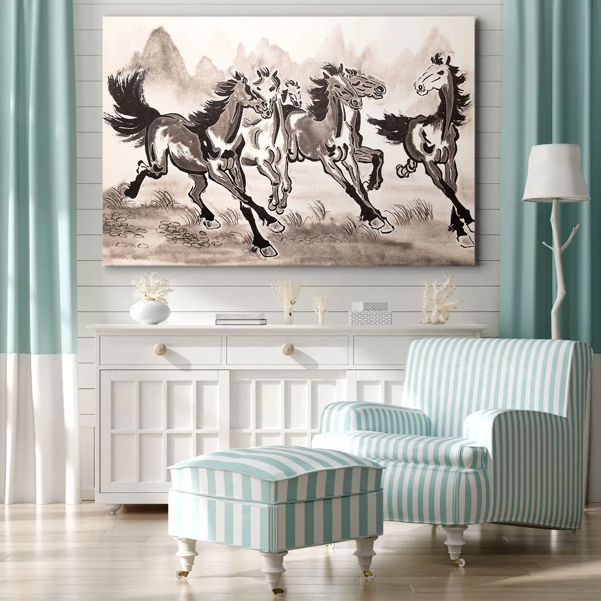 Schilderen op canvas - Dynamische graphics van galopperende paarden in oosterse stijl - 70x50cm - In een vrolijke galop - Moderne wanddecoratie voor woonkamer en slaapkamer ARTTOR