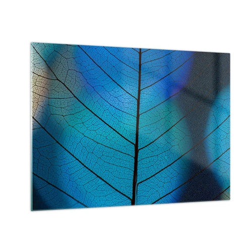 Schilderen op glas - Een close-up van een blauw blad waarop de nervenstructuur te zien is. - 70x50cm - Ingewikkelde constructie - Moderne wanddecoratie voor woonkamer en slaapkamer ARTTOR