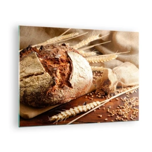 Schilderen op glas - Brood op een plank met tarweoren en graanzakken - 70x50cm - Smakelijk, geurig, knapperig - Moderne wanddecoratie voor woonkamer en slaapkamer ARTTOR