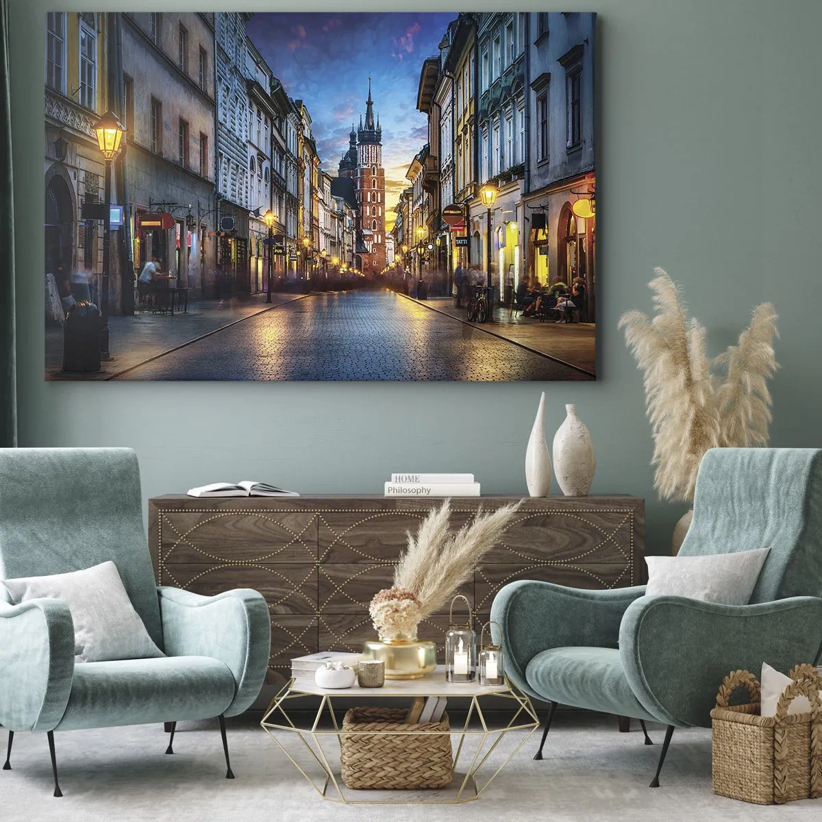 Schilderen op canvas - Avondstraat met uitzicht op de kathedraal van Krakau - 70x50cm - Charme van Krakau - Moderne wanddecoratie voor woonkamer en slaapkamer ARTTOR