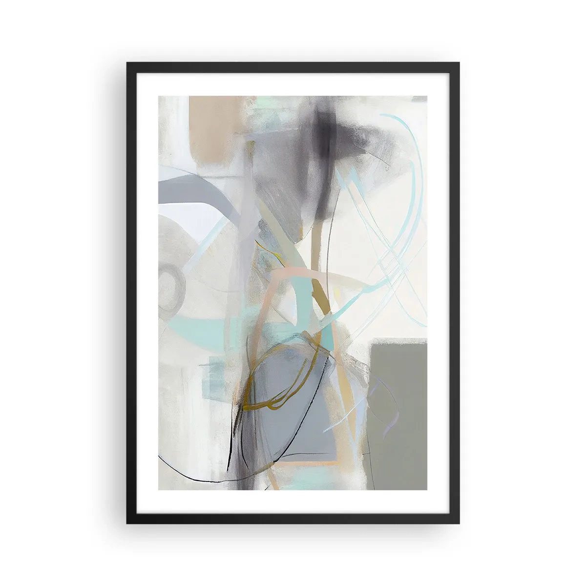 Poster in een zwarte lijst - Subtiele abstractie in tinten grijs en blauw - 50x70cm - Mistige abstractie - Moderne wanddecoratie voor woonkamer en slaapkamer ARTTOR