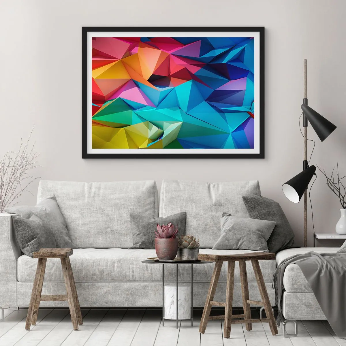 Poster in een zwarte lijst - Regenboog origami - 50x40 cm