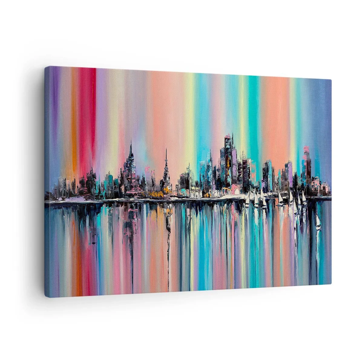 Schilderen op canvas - Kleurrijk stadsgezicht met weerspiegeling in het water - 70x50cm - Om in het licht van de nacht te vallen - Moderne wanddecoratie voor woonkamer en slaapkamer ARTTOR