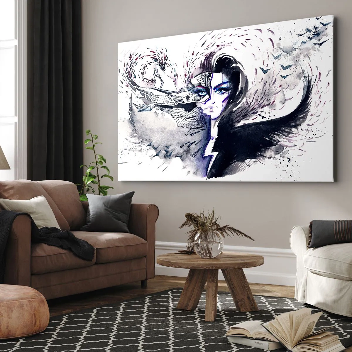 Schilderen op canvas - Abstract gezicht met contrasterende elementen en een vleugelmotief - 70x50cm - Demonisch en mooi - Moderne wanddecoratie voor woonkamer en slaapkamer ARTTOR