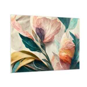Schilderen op glas - Exotische bloemen en bladeren in pastelkleuren in een botanische stijl - 70x50cm - Bloemen van de zuidelijke eilanden - Moderne wanddecoratie voor woonkamer en slaapkamer ARTTOR