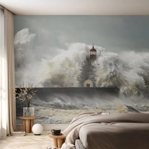 Fotobehang Premium Canvas - De woede van de oceaan - Landschap, Vuurtoren, Storm - 100x70 cm