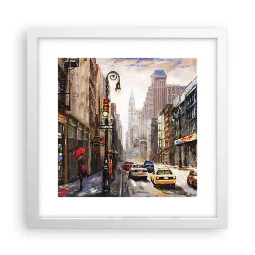 Poster in een witte lijst - New York - ook kleurrijk in de regen - 30x30 cm