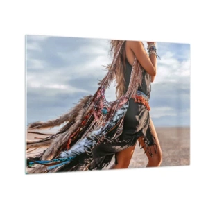 Schilderen op glas - Vrouw in boho-stijl met veren en versieringen tegen een woestijnachtergrond - 70x50cm - Het meisje van de sjamaan - Moderne wanddecoratie voor woonkamer en slaapkamer ARTTOR