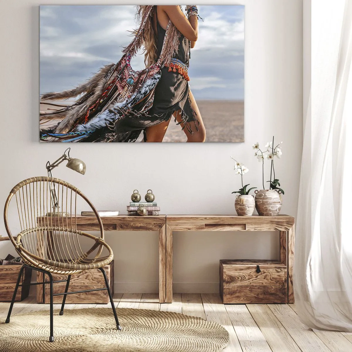 Schilderen op canvas - Een vrouw in boho-stijl met veren en sieradendetails - 70x50cm - Het meisje van de sjamaan - Moderne wanddecoratie voor woonkamer en slaapkamer ARTTOR