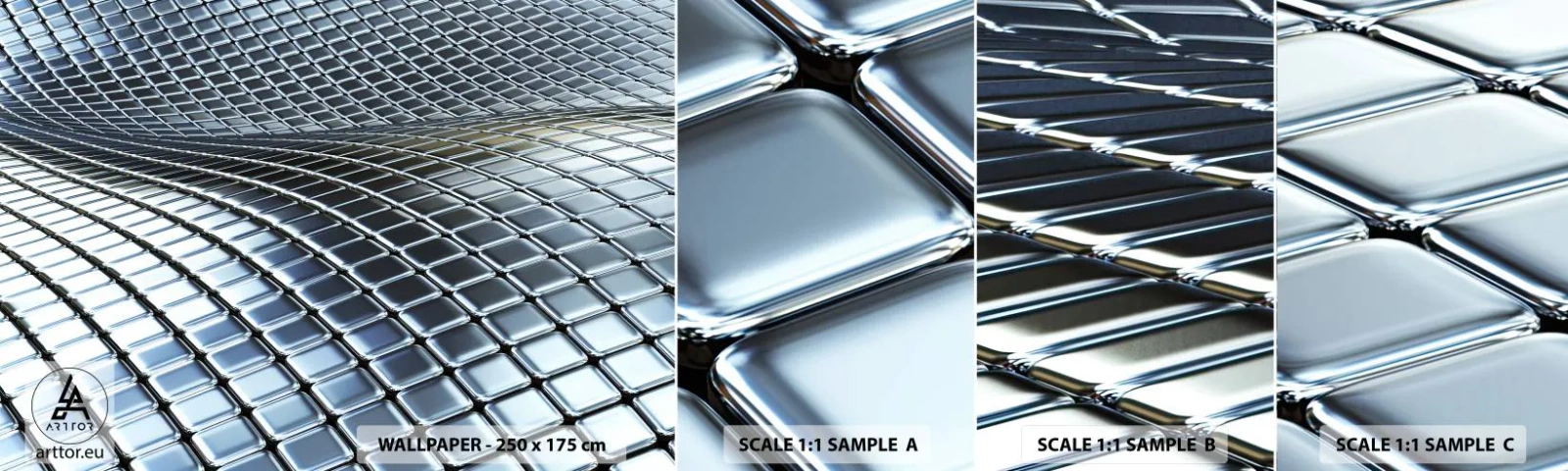 Fotobehang Monster Zelfklevend Deluxe Sticker - Metallic zilveren golf - Abstractie, Grafisch, Deel - 100x30 cm