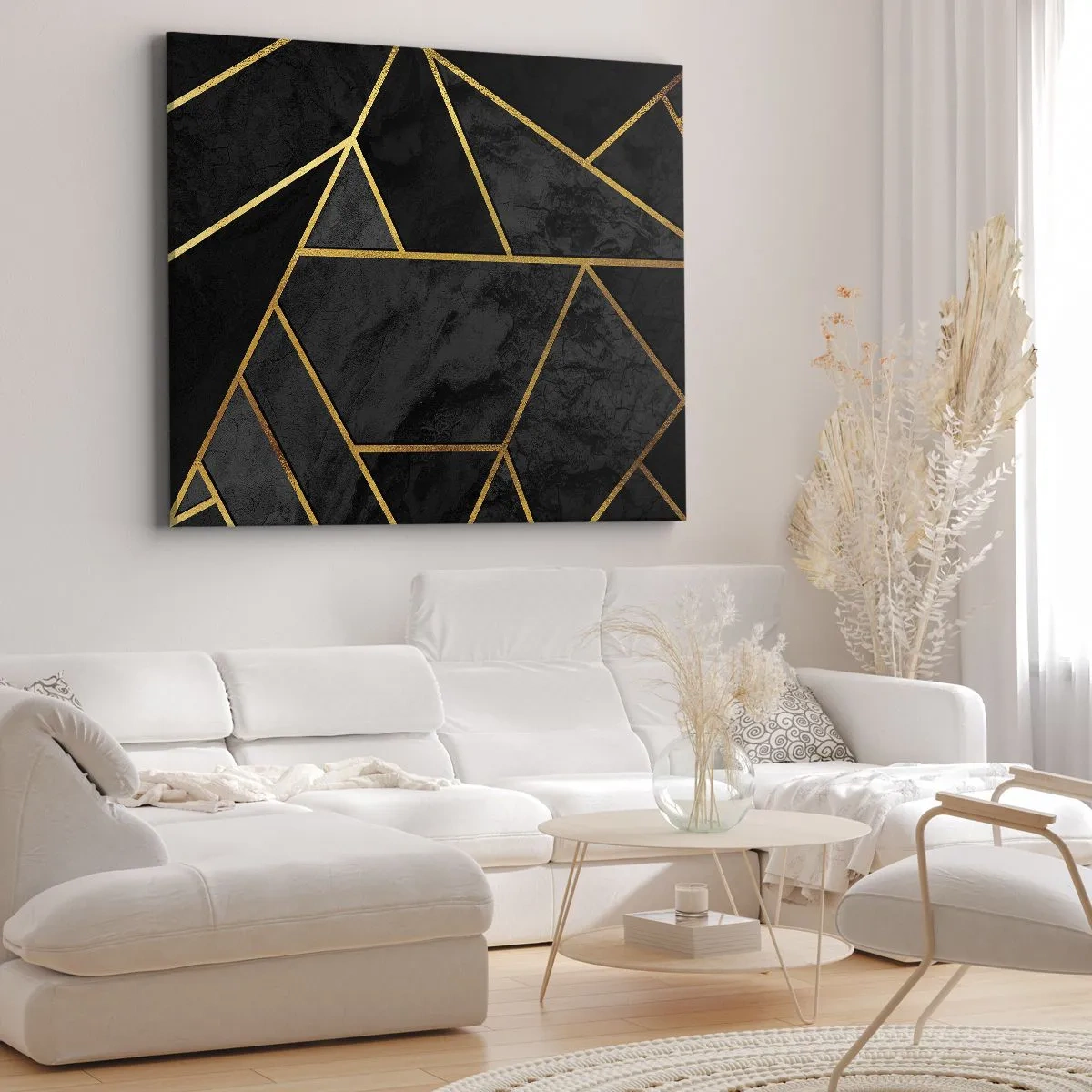 Schilderen op canvas - Geometrisch goudpatroon op een zwarte achtergrond - 70x50cm - Duisternis en glans - Moderne wanddecoratie voor woonkamer en slaapkamer ARTTOR