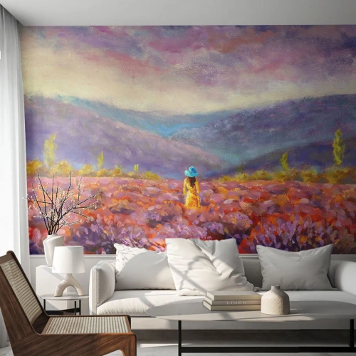 Fotobehang Premium Canvas - In een lavendelwereld - Landschap, Vrouw, Lavendelveld - 250x175 cm