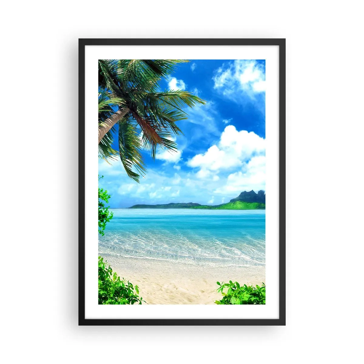 Poster in een zwarte lijst - Tropisch strand met palmbomen en azuurblauwe zee - 50x70cm - Het azuur van de tropen - Moderne wanddecoratie voor woonkamer en slaapkamer ARTTOR