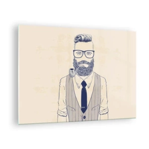 Schilderen op glas - Een gestileerde man met een baard, een bril en een pijp op een lichte achtergrond. - 70x50cm - Vrolijk, mannelijk en modieus - Moderne wanddecoratie voor woonkamer en slaapkamer ARTTOR