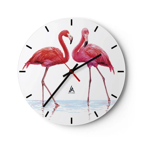 Wandklok - Klok - Twee roze flamingo's staan in het water - 30x30cm - Roze randez-vous - Moderne wanddecoratie voor woonkamer, keuken en slaapkamer ARTTOR