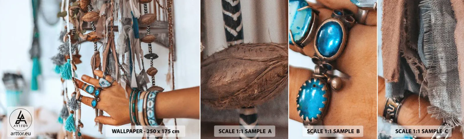 Fotobehang Staaltje Standard Eco - Lokale schatten - Vrouwenhand, Juwelen, Boho - 100x30 cm