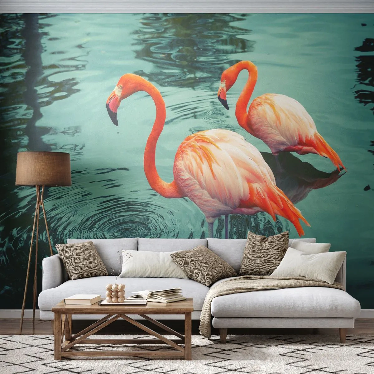 Fotobehang Standard Eco - We zijn nu in de mode - Flamingo's, Vogels, Natuur - 500x350 cm