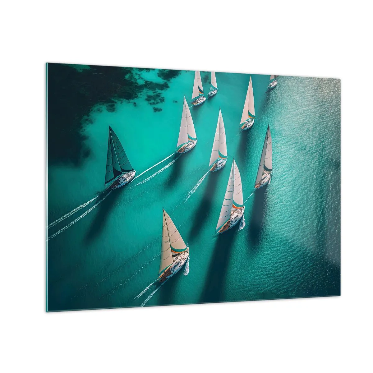 Schilderen op glas - Zeilboten op turquoise water, vastgelegd vanuit vogelperspectief - 70x50cm - In een wedstrijd met de wind - Moderne wanddecoratie voor woonkamer en slaapkamer ARTTOR