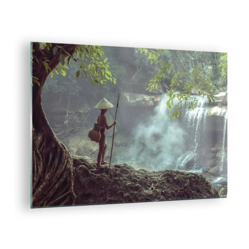 Schilderen op glas - Een jongen met een speer bij een waterval in het regenwoud - 70x50cm - Bevriend met de natuur - Moderne wanddecoratie voor woonkamer en slaapkamer ARTTOR