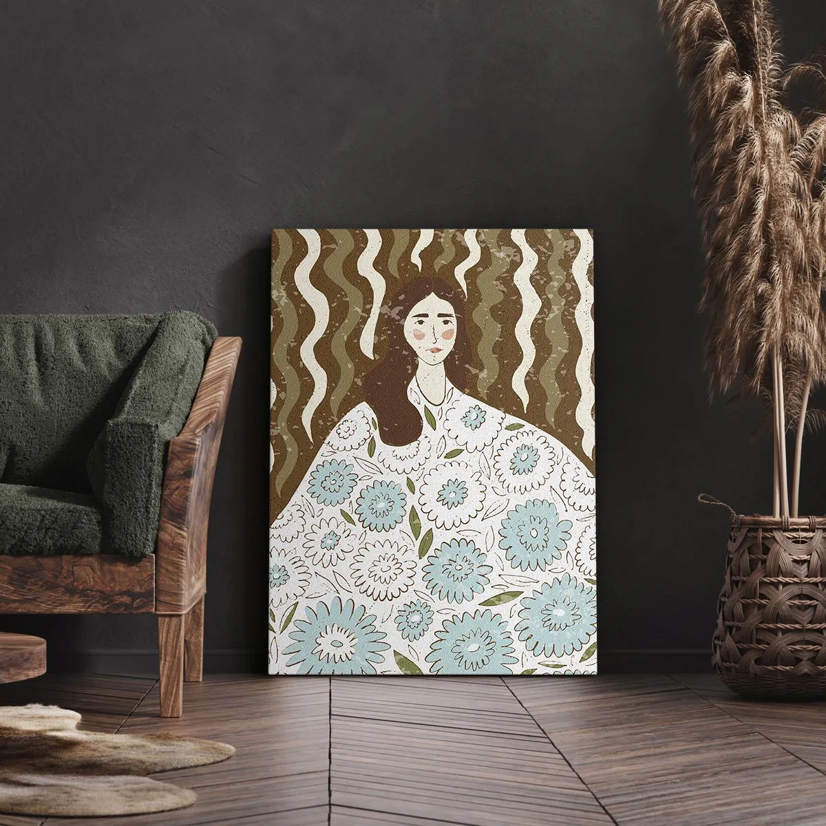 Schilderen op canvas - Portret in een bloemengewaad - 65x120 cm