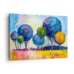 Schilderen op canvas - Kleurrijke bolvormige bomen tegen de achtergrond van een landschap - 70x50cm - Bol - de vorm van het ideaal - Moderne wanddecoratie voor woonkamer en slaapkamer ARTTOR